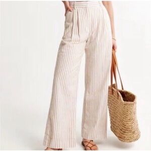 Abercrombie & Fitch Linen Blend Tailored Wide Leg Pant Stripe Beige & white SL